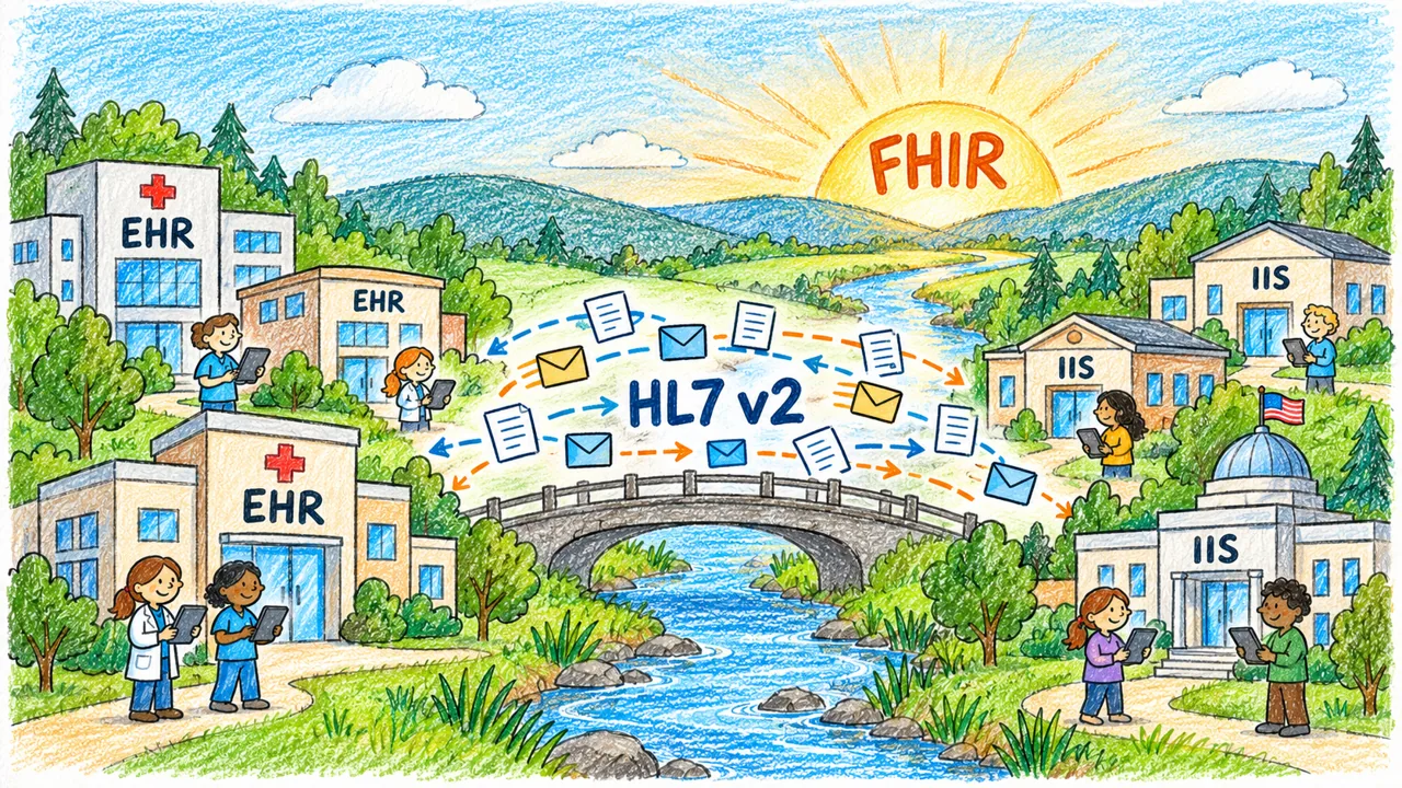 IIS and EHR buildings exchange HL7 v2 messages, with FHIR appearing on the horizon.