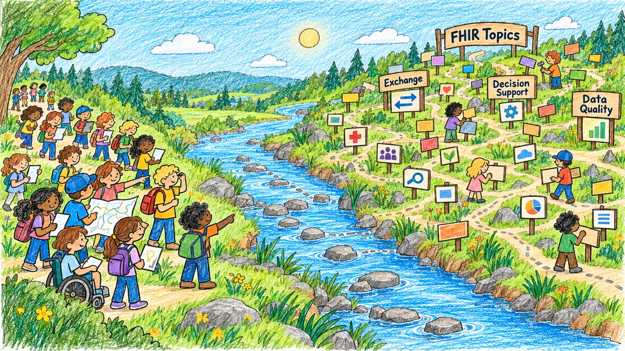 A growing community gathers across a river from a wide field of topics, with no bridge connecting them.