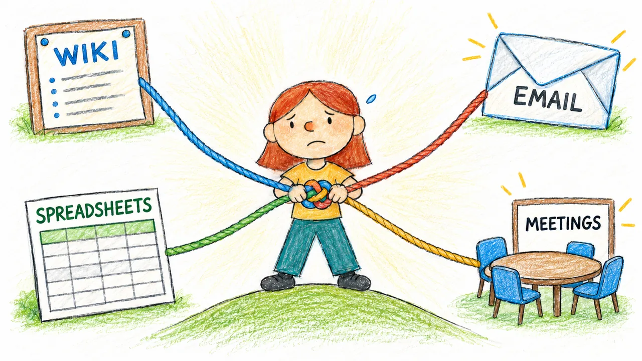 A concerned child holds four ropes connecting a wiki, spreadsheets, email, and meetings.