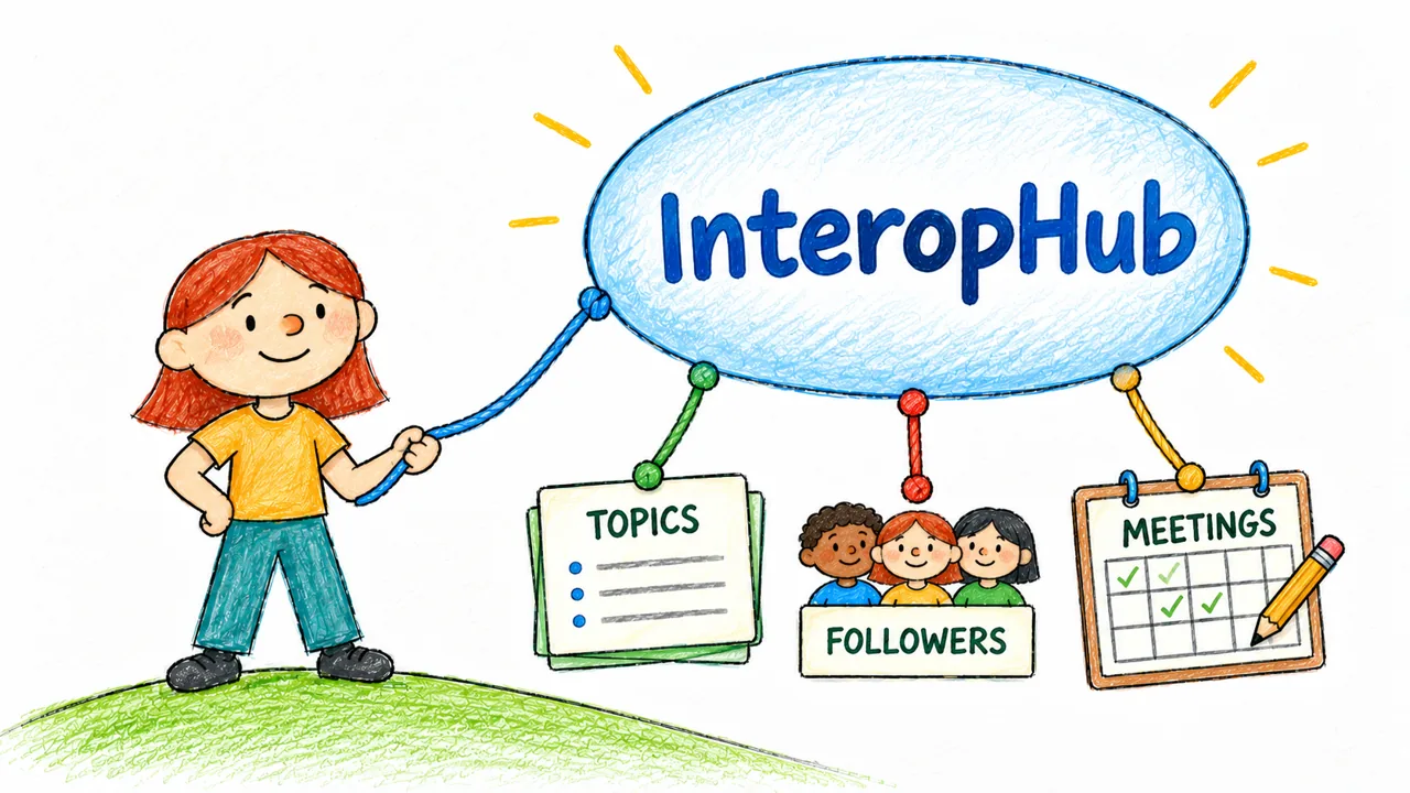 The same child comfortably holds one cord to InteropHub, which connects topics, followers, and meetings.