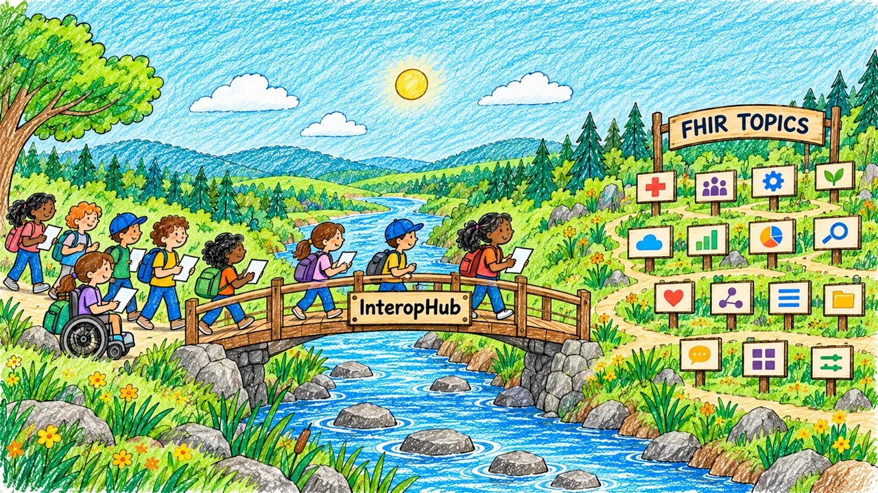 Children cross a modest bridge labeled InteropHub between the community and an organized landscape of topics.
